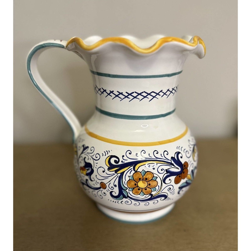 Sur La Table Pitcher Hand Painted Floral Scrolls Pottery Scalloped Rim Italy
